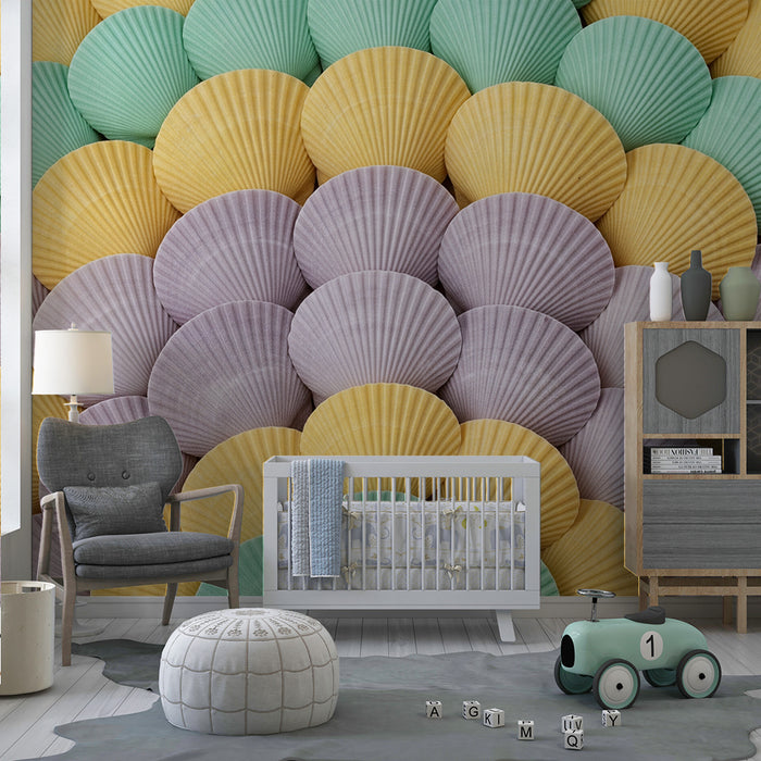 Papel de parede para quarto de bebé | Conchas coloridas em degradé pastel
