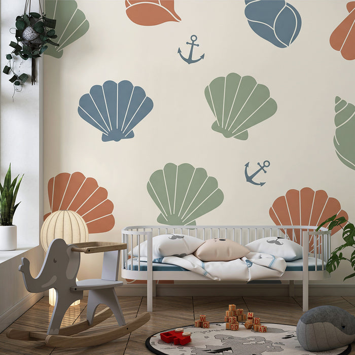 Papel pintado para habitación infantil | Conchas y anclas de colores sobre fondo suave