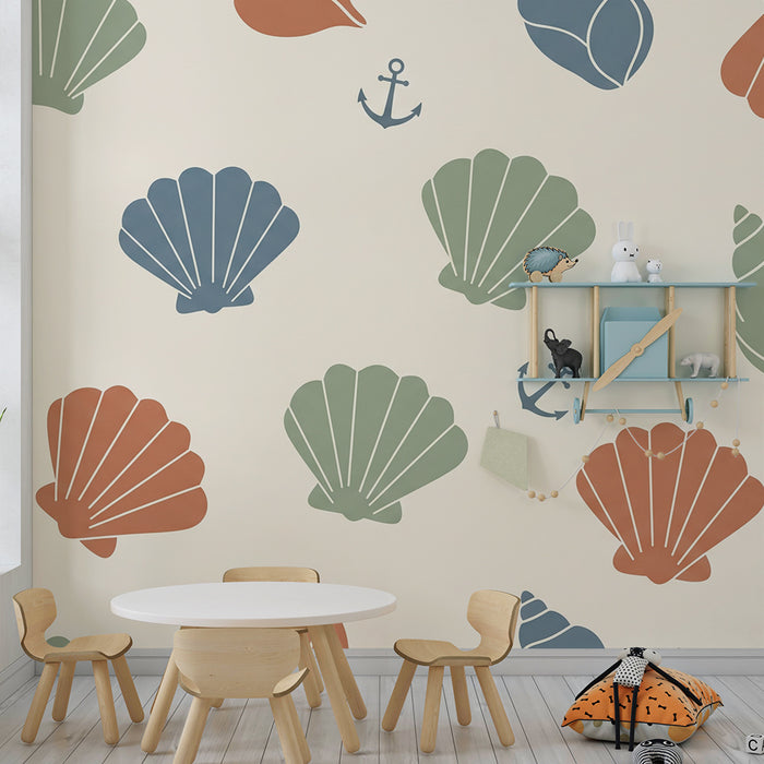 Papel pintado para habitación infantil | Conchas y anclas de colores sobre fondo suave