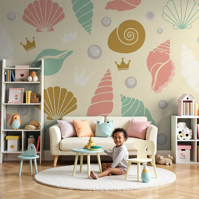 Nursery Wallpaper | Colorful Shells and Crowns on a Soft Background
