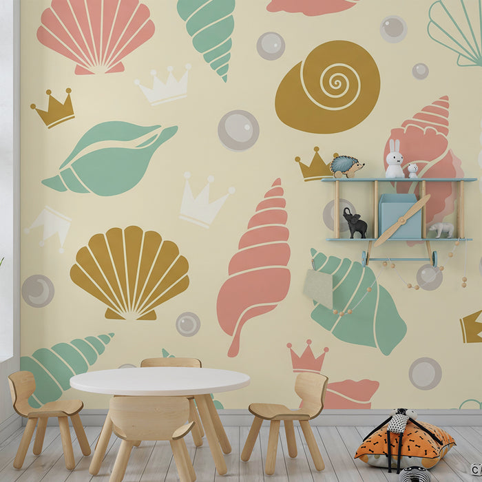 Nursery Wallpaper | Colorful Shells and Crowns on a Soft Background