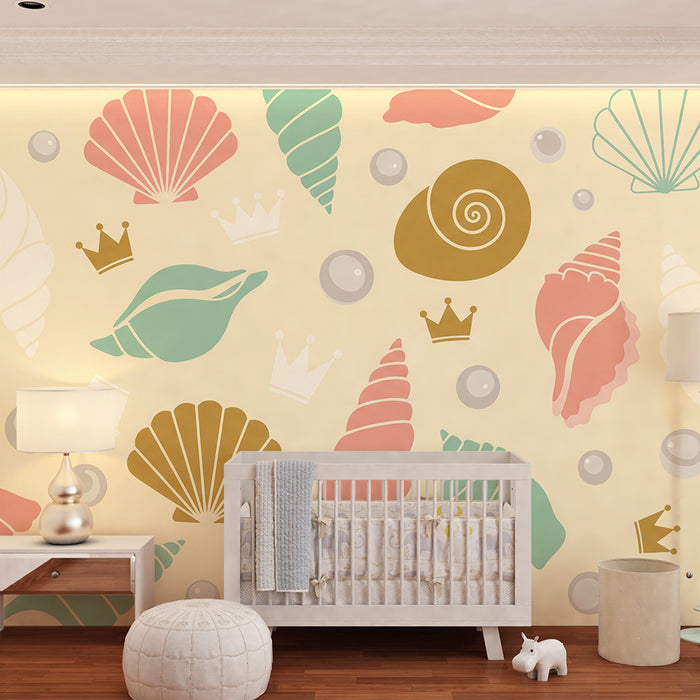 Nursery Wallpaper | Colorful Shells and Crowns on a Soft Background