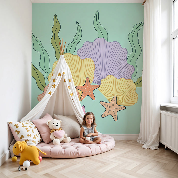 Papel de parede para quarto de bebé | Conchas coloridas e estrelas-do-mar sobre fundo aquático