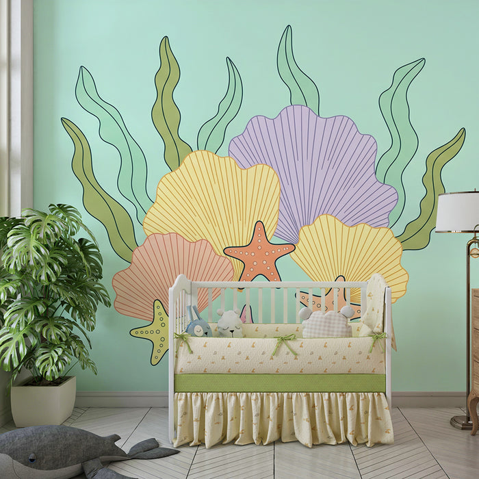 Papel de parede para quarto de bebé | Conchas coloridas e estrelas-do-mar sobre fundo aquático
