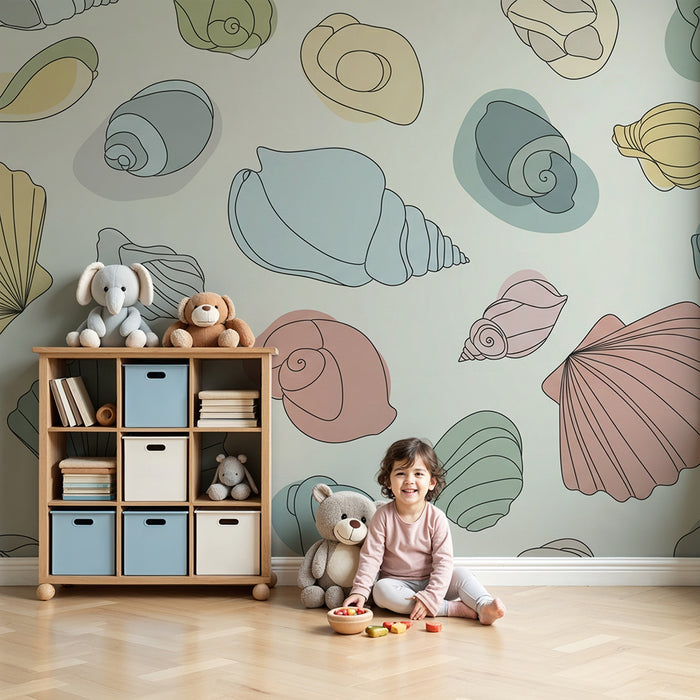 Papel de parede quarto bebê | Conchas coloridas em fundo suave