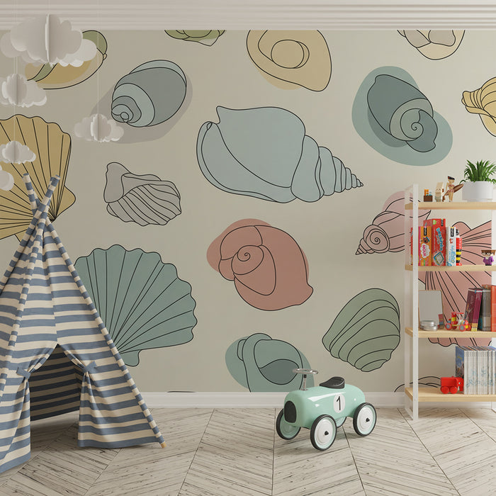 Papel de parede quarto bebê | Conchas coloridas em fundo suave