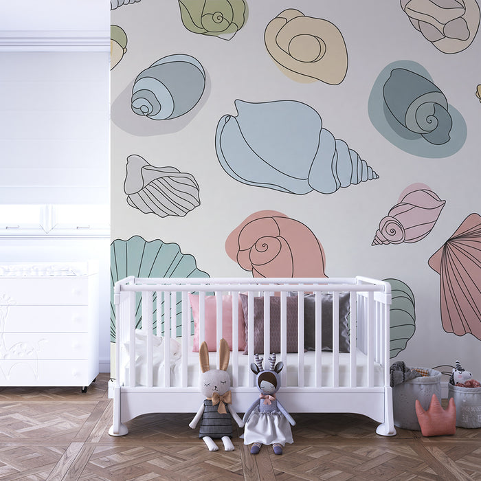 Papel de parede quarto bebê | Conchas coloridas em fundo suave