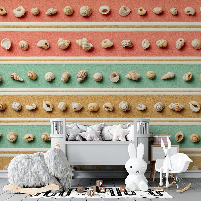Papel de parede para quarto de bebé | Conchas coloridas sobre fundo pastel