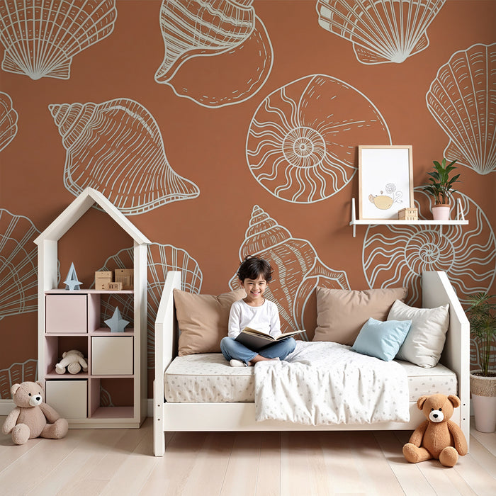 Baby room wallpaper | Delicate seashells on a terracotta background