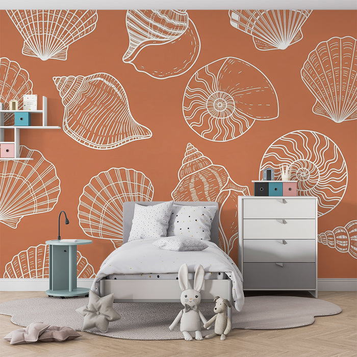 Baby room wallpaper | Delicate seashells on a terracotta background