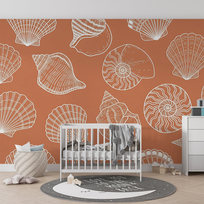 Baby room wallpaper | Delicate seashells on a terracotta background