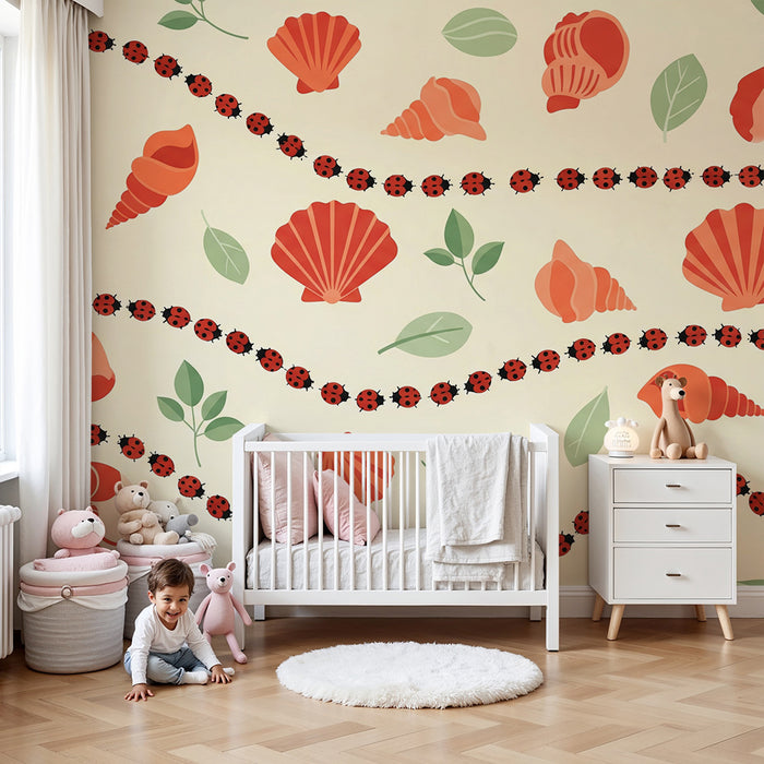 Baby's room wallpaper | Shells and ladybugs on a soft background