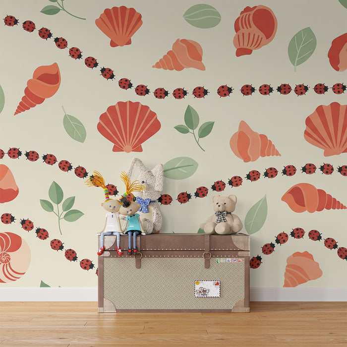 Baby's room wallpaper | Shells and ladybugs on a soft background