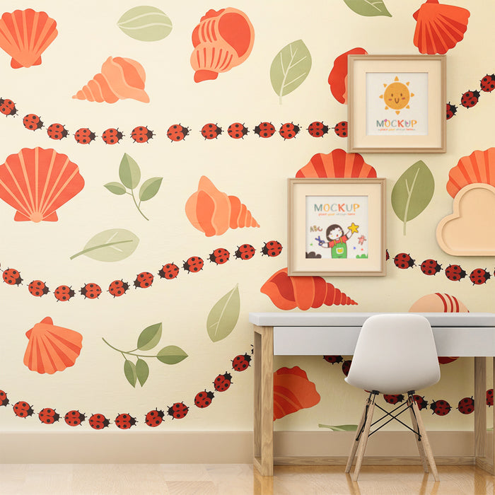 Baby's room wallpaper | Shells and ladybugs on a soft background