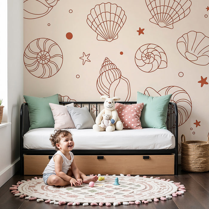 Baby room wallpaper | Delicate lines of shells and starfish