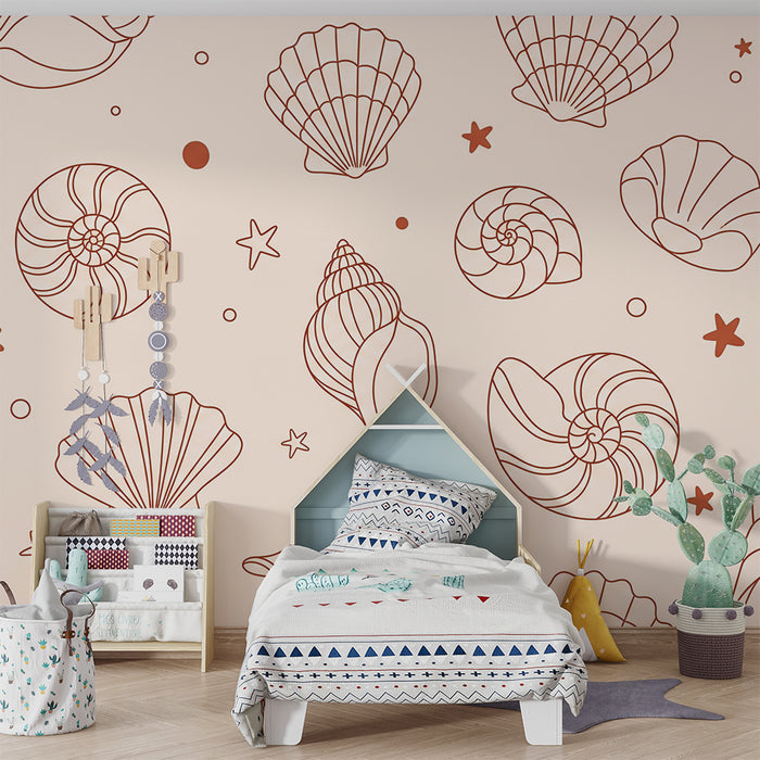 Baby room wallpaper | Delicate lines of shells and starfish