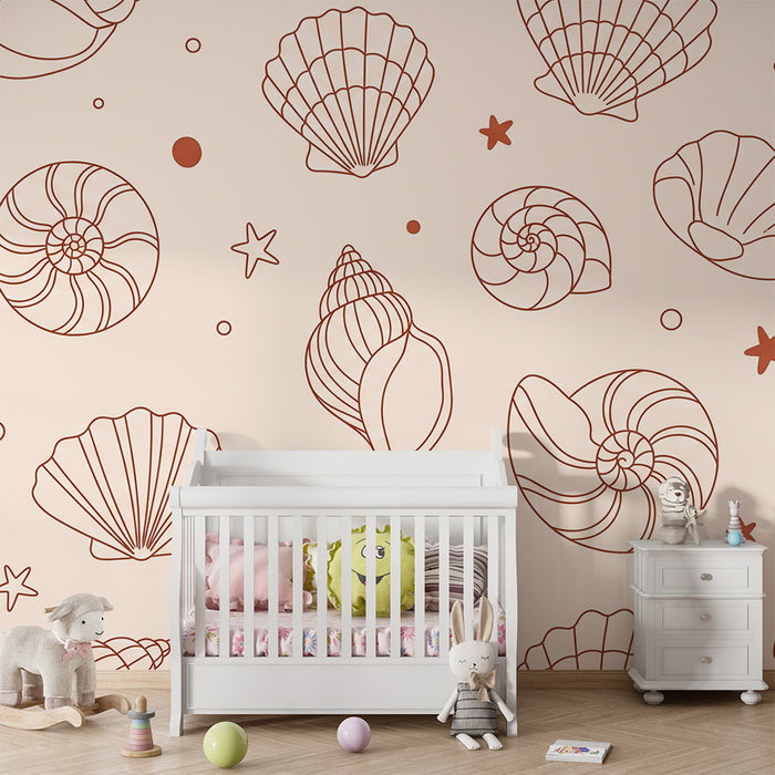 Baby room wallpaper | Delicate lines of shells and starfish