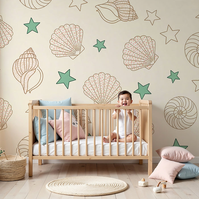 Papel de parede para quarto de bebé | Conchas e estrelas-do-mar sobre fundo suave