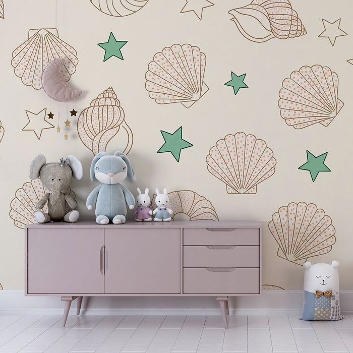 Papel de parede para quarto de bebé | Conchas e estrelas-do-mar sobre fundo suave