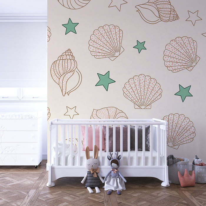 Papel de parede para quarto de bebé | Conchas e estrelas-do-mar sobre fundo suave