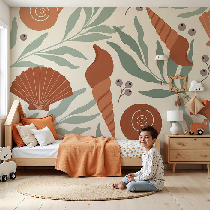 Papel de parede para quarto de bebé | Conchas e folhagem em tons suaves