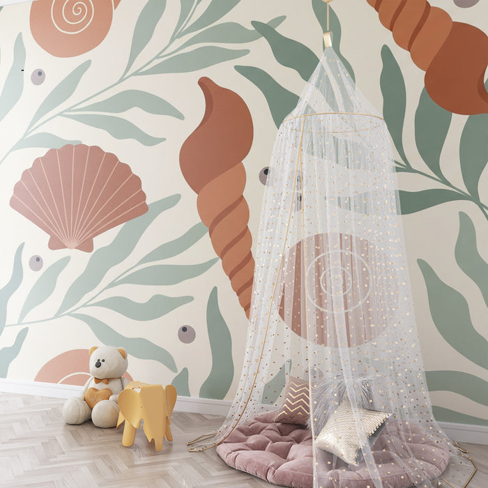 Papel de parede para quarto de bebé | Conchas e folhagem em tons suaves