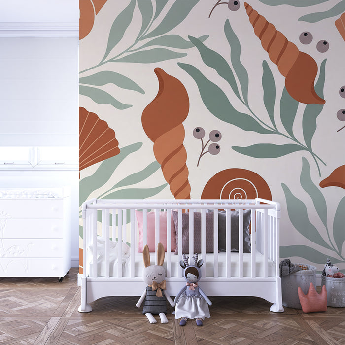 Papel de parede para quarto de bebé | Conchas e folhagem em tons suaves