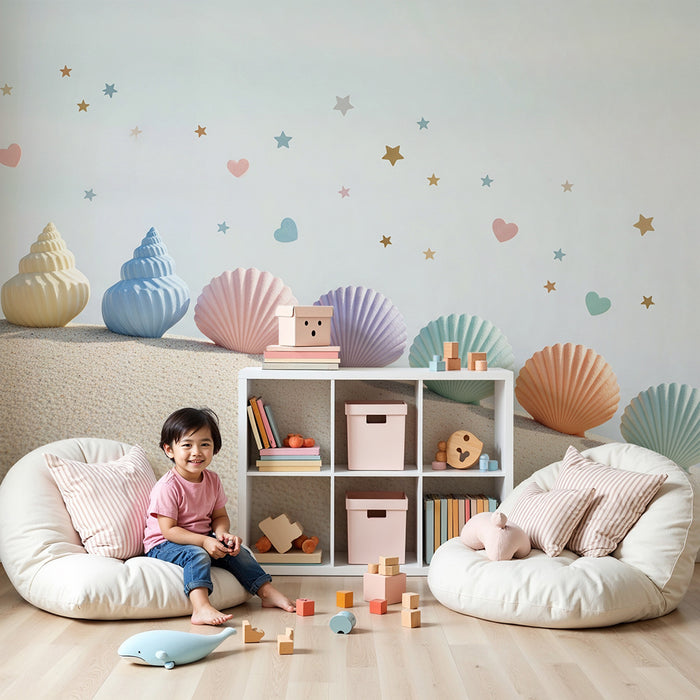 Papel de parede para quarto de bebé | Conchas em tons pastel e estrelas cintilantes