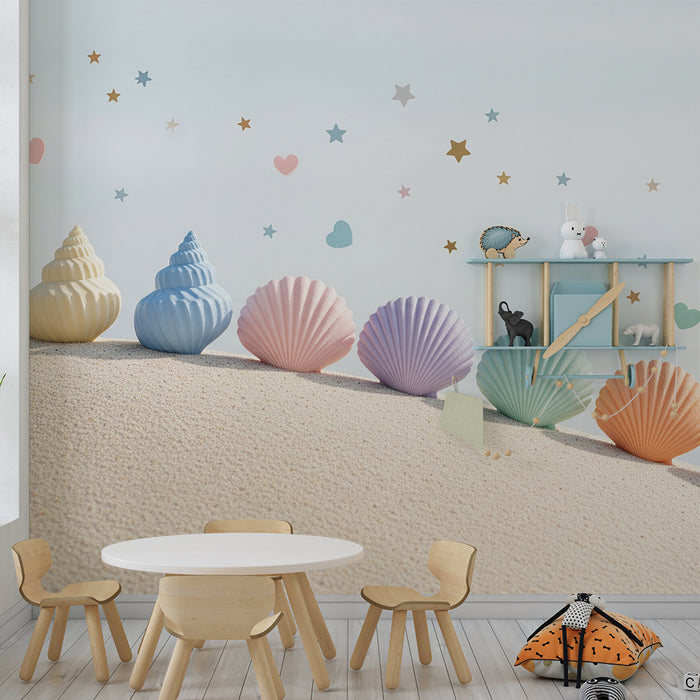 Papel de parede para quarto de bebé | Conchas em tons pastel e estrelas cintilantes