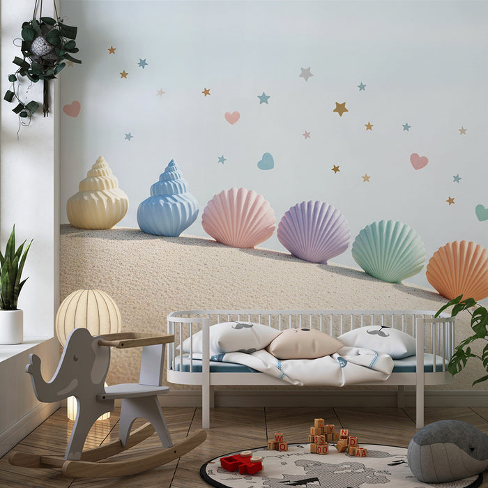 Papel de parede para quarto de bebé | Conchas em tons pastel e estrelas cintilantes