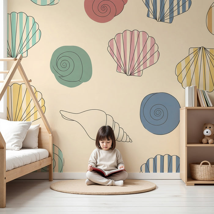 Papel de parede para quarto de bebé | Conchas listadas e lisas