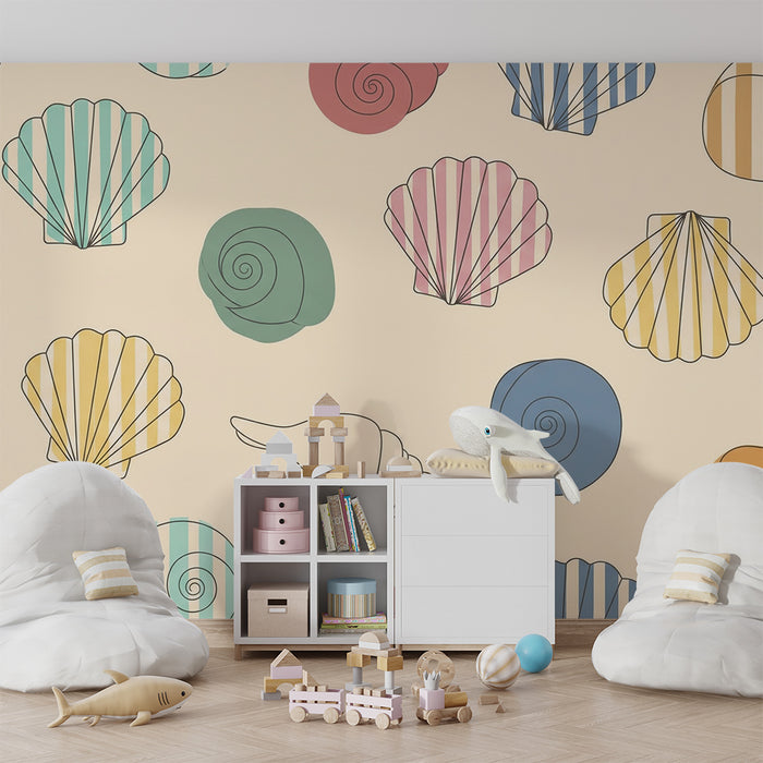 Papel de parede para quarto de bebé | Conchas listadas e lisas