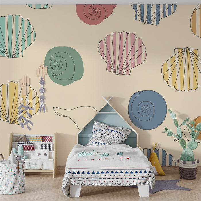 Papel de parede para quarto de bebé | Conchas listadas e lisas