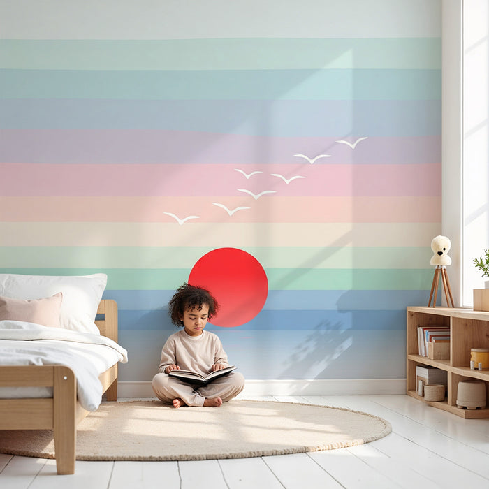 Tapeta dětského pokoje | Minimalistický západ slunce s létajícími ptáky