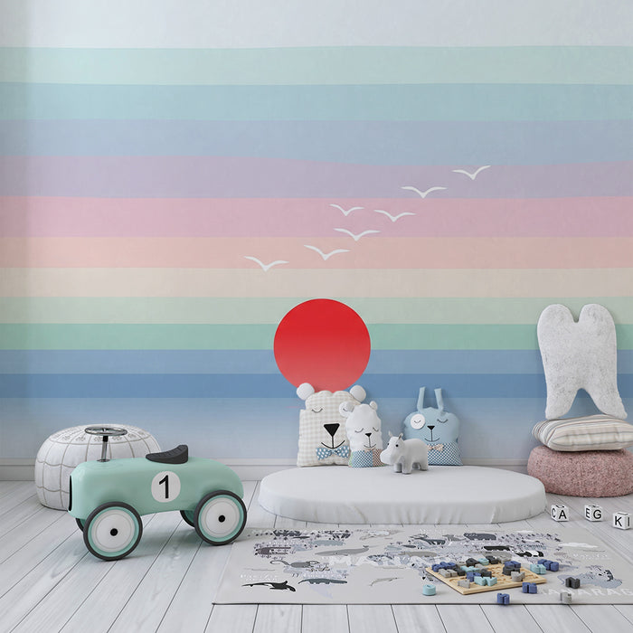 Tapeta dětského pokoje | Minimalistický západ slunce s létajícími ptáky