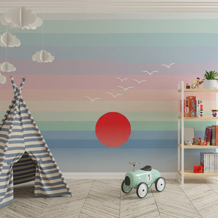 Tapeta dětského pokoje | Minimalistický západ slunce s létajícími ptáky