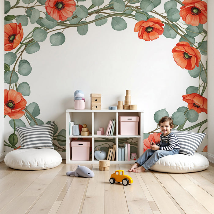 Papier peint chambre bébé | Couronne de coquelicots et feuillage délicat