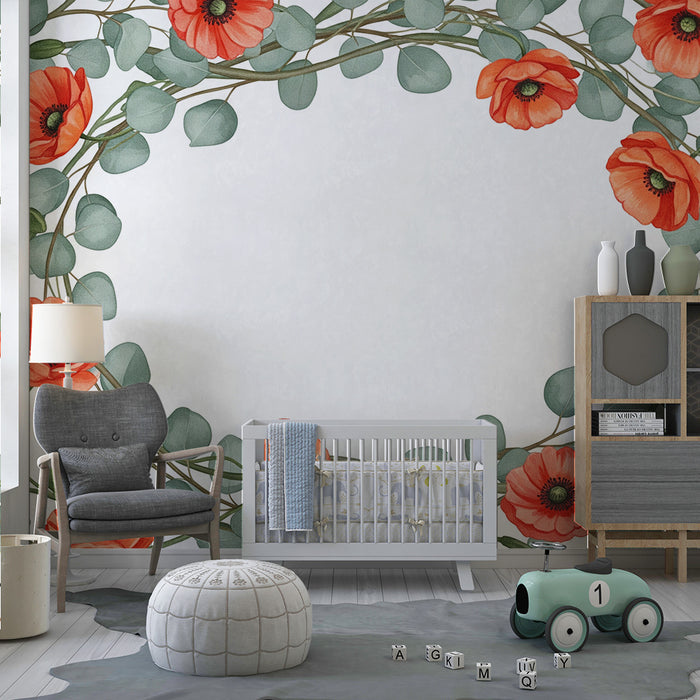 Papier peint chambre bébé | Couronne de coquelicots et feuillage délicat