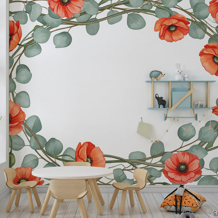 Papier peint chambre bébé | Couronne de coquelicots et feuillage délicat
