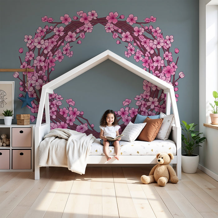 Papier peint chambre bébé | Couronne de fleurs cerisier sur fond bleu