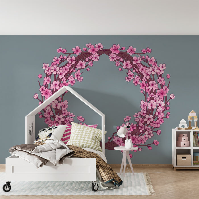 Papier peint chambre bébé | Couronne de fleurs cerisier sur fond bleu