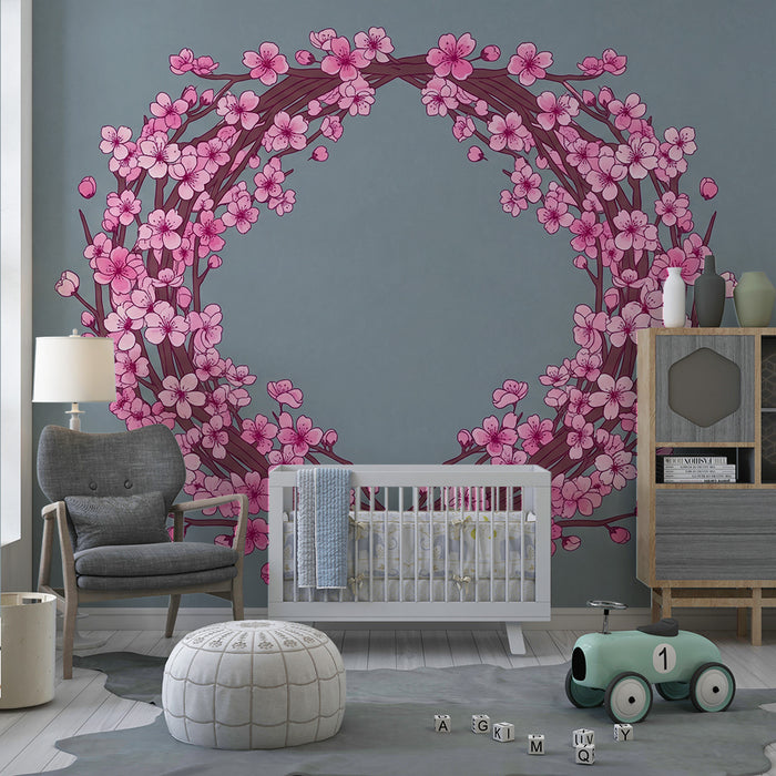 Papier peint chambre bébé | Couronne de fleurs cerisier sur fond bleu