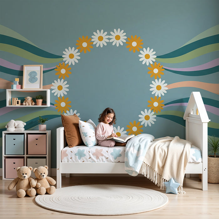 Papel pintado para habitación infantil | Corona de flores y olas de colores sobre fondo azul
