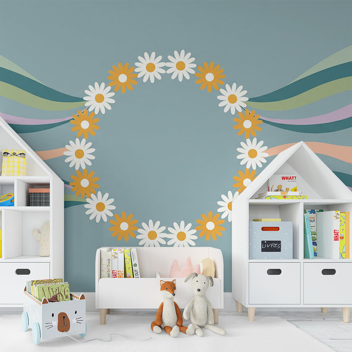 Papel pintado para habitación infantil | Corona de flores y olas de colores sobre fondo azul