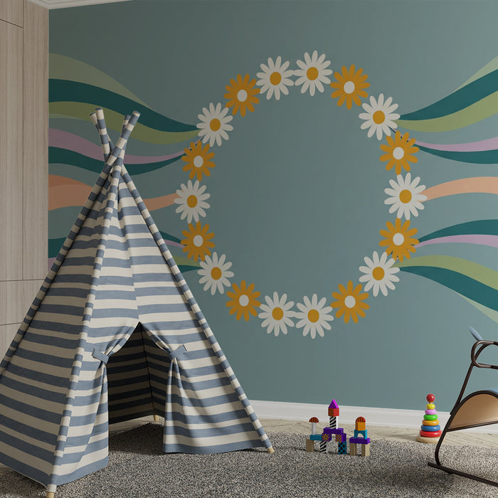 Papel pintado para habitación infantil | Corona de flores y olas de colores sobre fondo azul