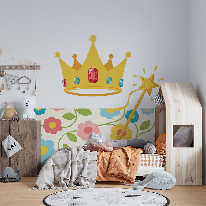 Papier peint chambre bébé | Couronne dorée et fleurs colorées pour une ambiance féerique