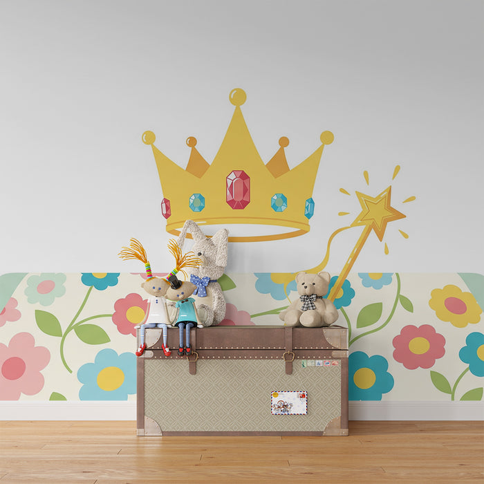 Papier peint chambre bébé | Couronne dorée et fleurs colorées pour une ambiance féerique