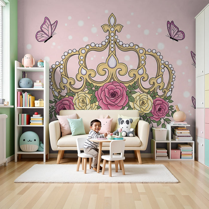 Papel de parede para quarto de bebé | Coroa dourada com rosas e borboletas delicadas