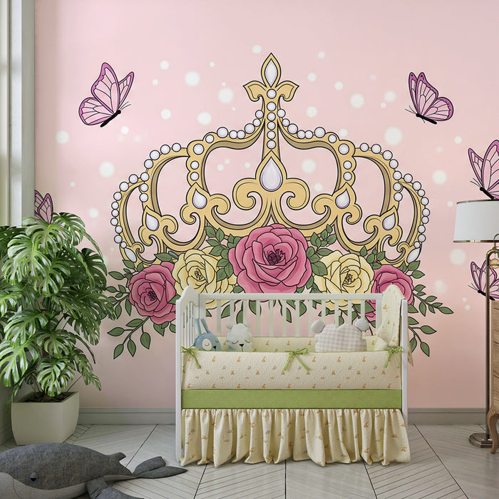 Papel de parede para quarto de bebé | Coroa dourada com rosas e borboletas delicadas