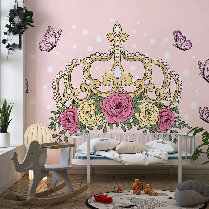 Papel de parede para quarto de bebé | Coroa dourada com rosas e borboletas delicadas